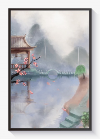 清明节古风插画春天风景水墨山水中国风花卉