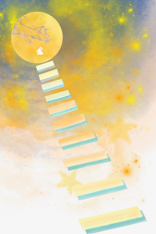梦幻水墨水彩登月的天梯星空手绘