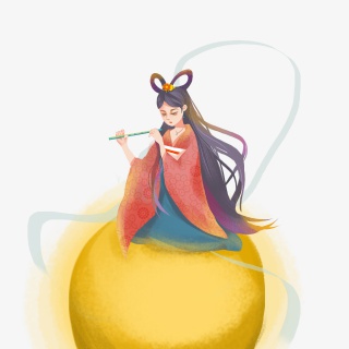 中秋节嫦娥坐在月球上吹笛子插画