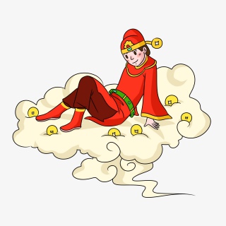 财神爷和云朵手绘插画