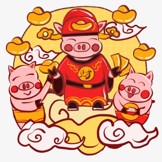 手绘猪年财运亨通财神猪形象小插