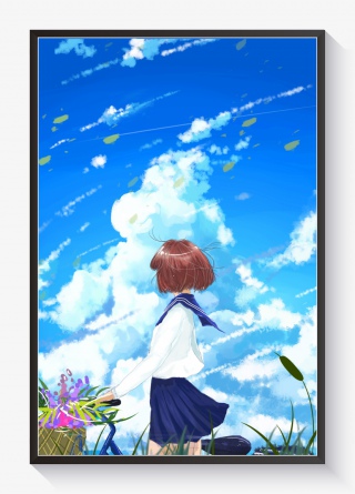 治愈夏景夏至春天唯美清新日系少女蓝天云彩