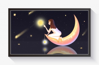 5月你好少女星空月亮卡通小清新插画