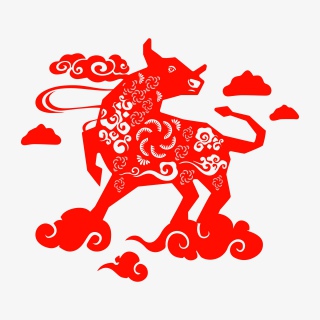 新年剪纸艺术牛腾云驾雾红色喜庆