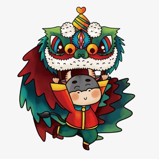 手绘2021新年牛牛舞狮设计元素