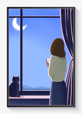 窗外夜景晚安插画
