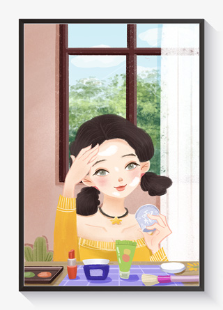 美妆少女手绘小清新竖图