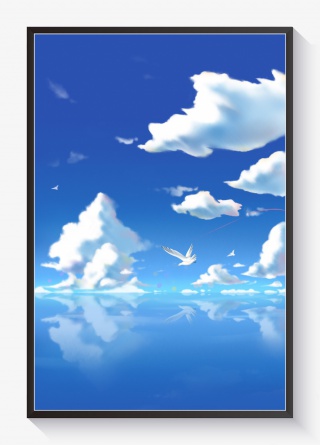 手绘海上蓝天白云背景