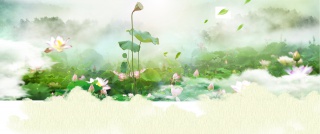 绿色清新梦幻荷塘护肤品化妆品中秋海报背景