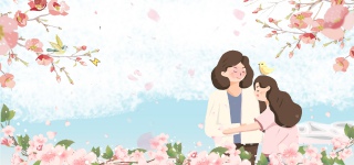 母亲节快乐漂浮花瓣蓝天白云广告背景
