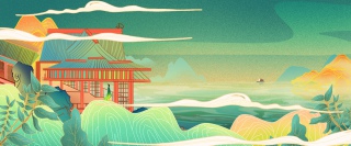 国潮简约山水工笔画建筑合成背景